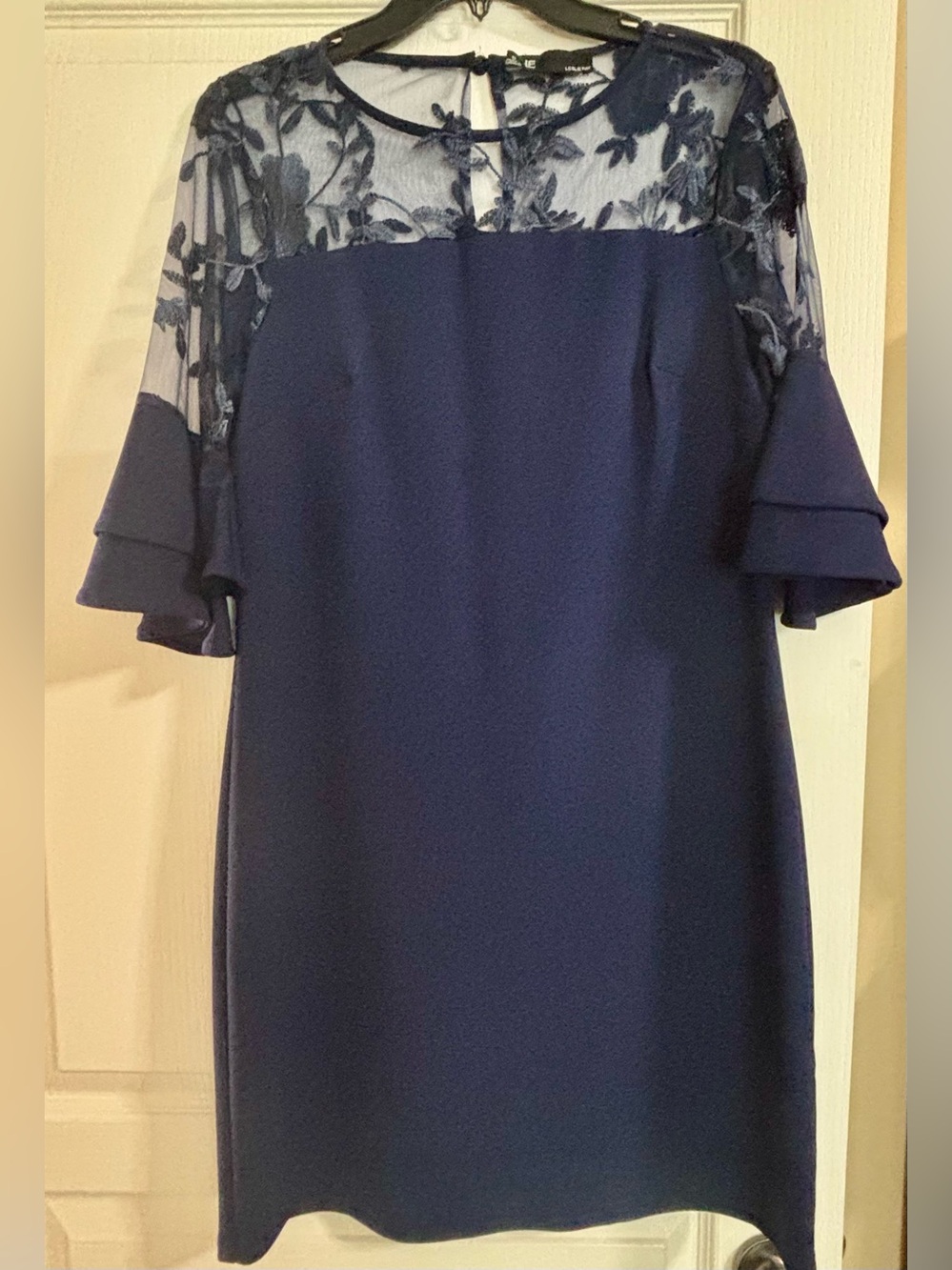 Leslie Fay Navy Lace Yoke Midi Dress